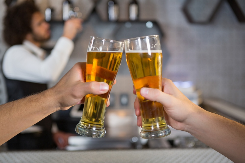 Two men toasting a glass of beer in bar